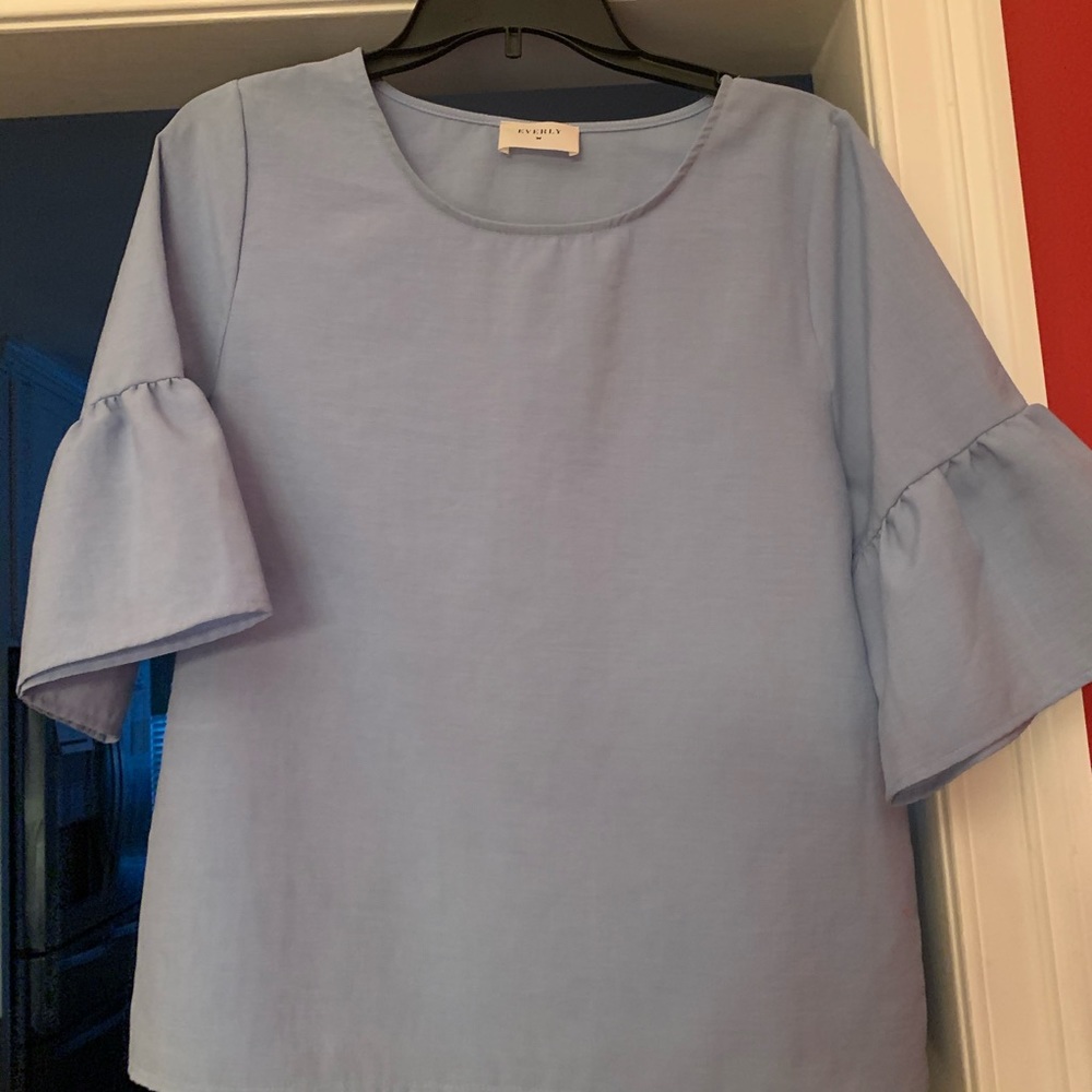 Blue Flowy Bell-Sleeve Blouse